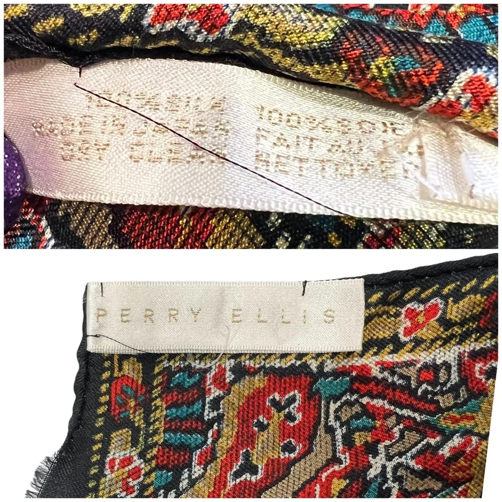 PERRY ELLIS RED, BLACK & GREEN TAPESTRY DESIGN 100% SILK SCARF